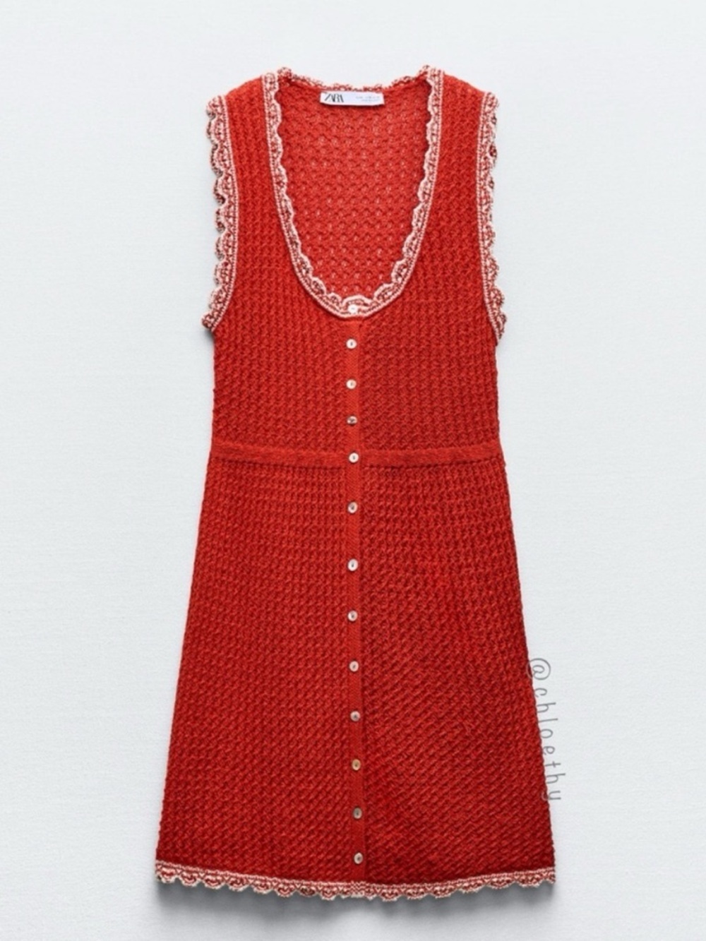 Zara Pointelle Red Sleeveless Knit Button-Front Mini Dress